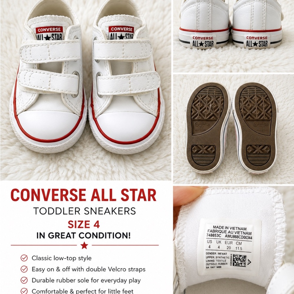 Converse All Star Toddler Sneakers Size 4 White Double Velcro